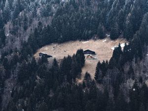 Preview wallpaper slope, forest, house, mountain, snow