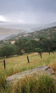 Preview wallpaper slope, grass, field, river, mountains, landscape