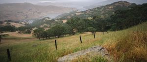 Preview wallpaper slope, grass, field, river, mountains, landscape