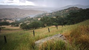 Preview wallpaper slope, grass, field, river, mountains, landscape