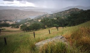 Preview wallpaper slope, grass, field, river, mountains, landscape