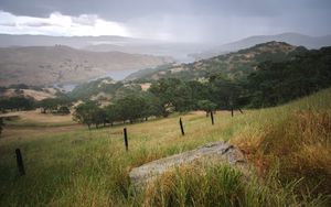 Preview wallpaper slope, grass, field, river, mountains, landscape