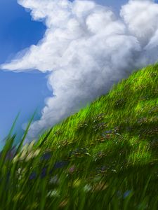 Preview wallpaper slope, grass, flowers, sky, art