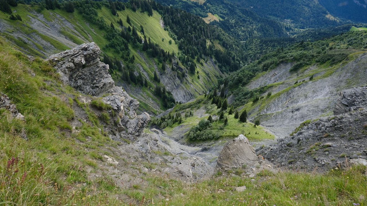 Wallpaper slope, grass, gorge, mountains, landscape