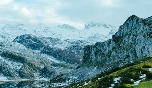 Preview wallpaper slope, grass, snow, peaks
