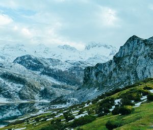 Preview wallpaper slope, grass, snow, peaks