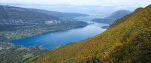 Preview wallpaper slope, hills, trees, lake