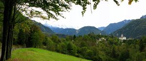 Preview wallpaper slope, meadow, trees, summer, glade, relief, sky, gloomy