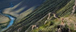 Preview wallpaper slope, mountain, path, twisting, river, girl, posing