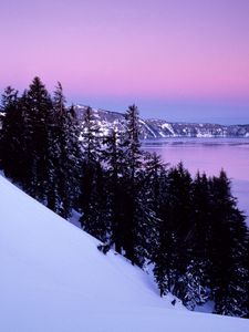 Preview wallpaper slope, mountain, snow, winter, evening, trees, calmness