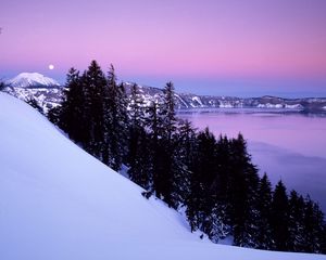Preview wallpaper slope, mountain, snow, winter, evening, trees, calmness