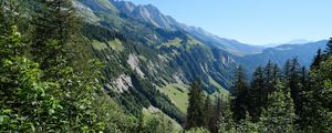 Preview wallpaper slope, mountain, trees, forest, sky, view