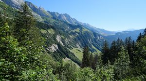 Preview wallpaper slope, mountain, trees, forest, sky, view