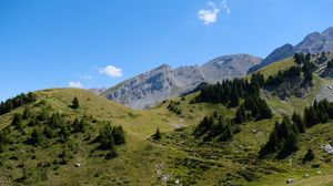Preview wallpaper slope, mountains, grass, stones, trees