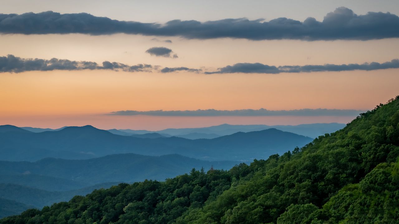 Wallpaper slope, mountains, trees, sky