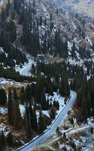 Preview wallpaper slope, road, trees, snow, aerial view