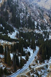 Preview wallpaper slope, road, trees, snow, aerial view