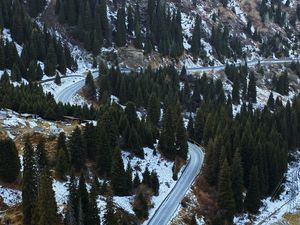 Preview wallpaper slope, road, trees, snow, aerial view