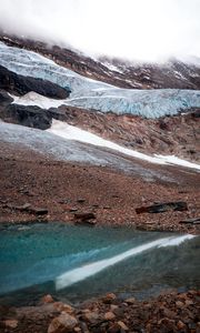 Preview wallpaper slope, rock, snow, pebbles, water