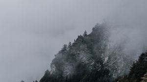 Preview wallpaper slope, rocks, trees, fog, darkness