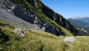 Preview wallpaper slope, stones, grass, relief, landscape, mountain