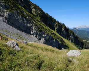 Preview wallpaper slope, stones, grass, relief, landscape, mountain