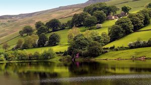 Preview wallpaper slope, trees, greens, grass, houses, lake