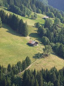 Preview wallpaper slope, trees, house, trail, landscape, nature