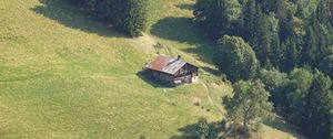 Preview wallpaper slope, trees, house, trail, landscape, nature