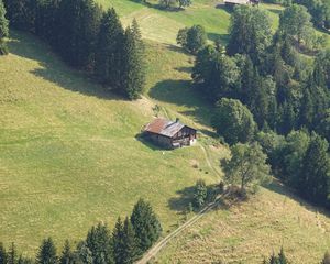 Preview wallpaper slope, trees, house, trail, landscape, nature