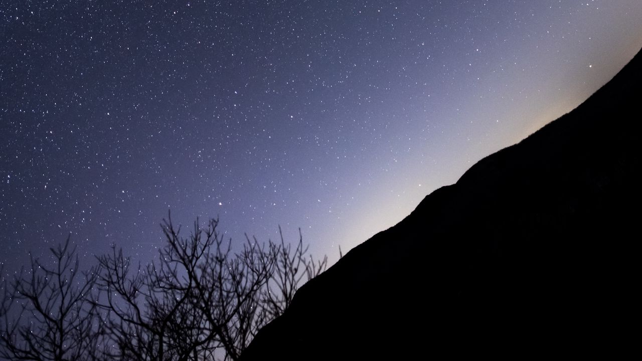 Wallpaper slope, trees, silhouettes, stars, night, dark