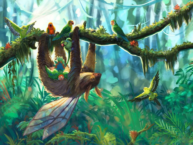 Download wallpaper 800x600 sloth, parrots, jungle, art, branch, birds  pocket pc, pda hd background