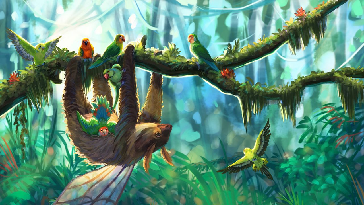 Wallpaper sloth, parrots, jungle, art, branch, birds
