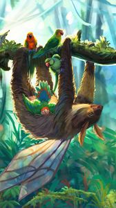 Preview wallpaper sloth, parrots, jungle, art, branch, birds