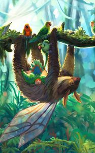 Preview wallpaper sloth, parrots, jungle, art, branch, birds