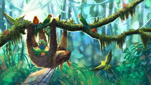 Preview wallpaper sloth, parrots, jungle, art, branch, birds