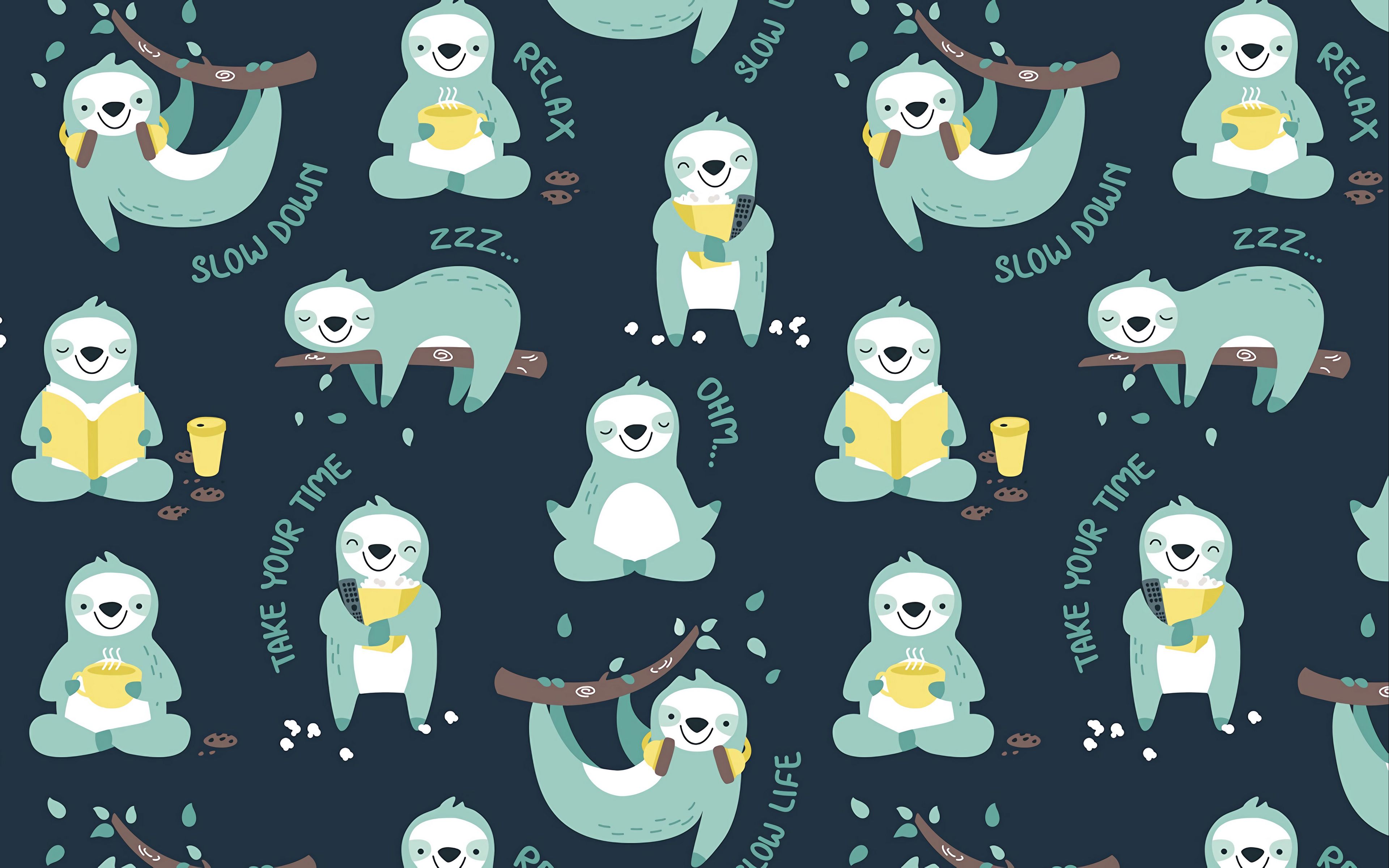 3840x2400 Wallpaper sloths, relaxation, pattern, art, funny.