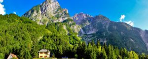 Preview wallpaper slovenia, mountains, lodges, meadow, green, brightly, sky, blue, clearly