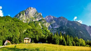 Preview wallpaper slovenia, mountains, lodges, meadow, green, brightly, sky, blue, clearly