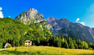 Preview wallpaper slovenia, mountains, lodges, meadow, green, brightly, sky, blue, clearly