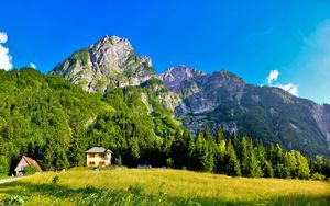 Preview wallpaper slovenia, mountains, lodges, meadow, green, brightly, sky, blue, clearly