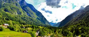 Preview wallpaper slovenia, mountains, sky, lodges, green, meadows, brightly, solarly