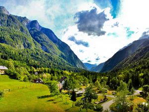 Preview wallpaper slovenia, mountains, sky, lodges, green, meadows, brightly, solarly