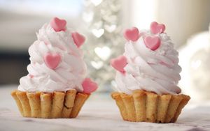 Preview wallpaper small baskets, cream, hearts, dessert, sweet, whipped cream