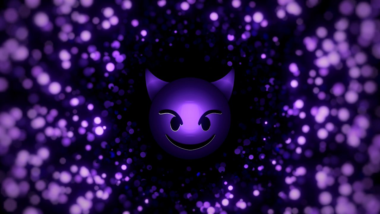 Wallpaper smile, smiley, devil, particles, purple