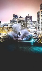 Preview wallpaper smoke, city, man, night, building, bridge