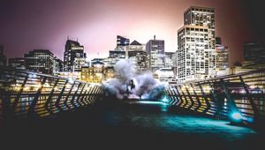 Preview wallpaper smoke, city, man, night, building, bridge