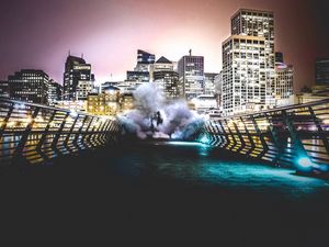 Preview wallpaper smoke, city, man, night, building, bridge