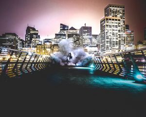 Preview wallpaper smoke, city, man, night, building, bridge