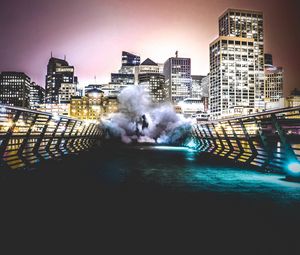 Preview wallpaper smoke, city, man, night, building, bridge